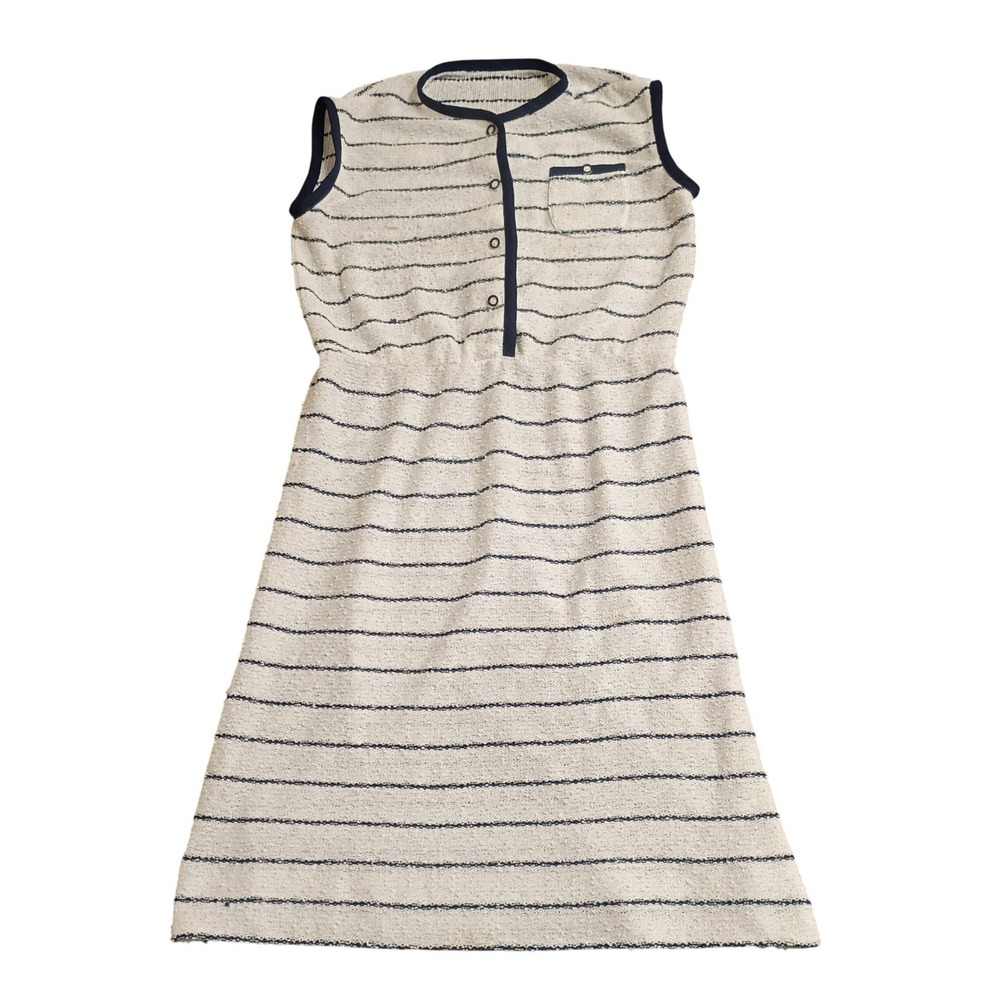 Vintage Knit Striped Dress Womens Medium Cream Navy Nautical Sleeveless Midi